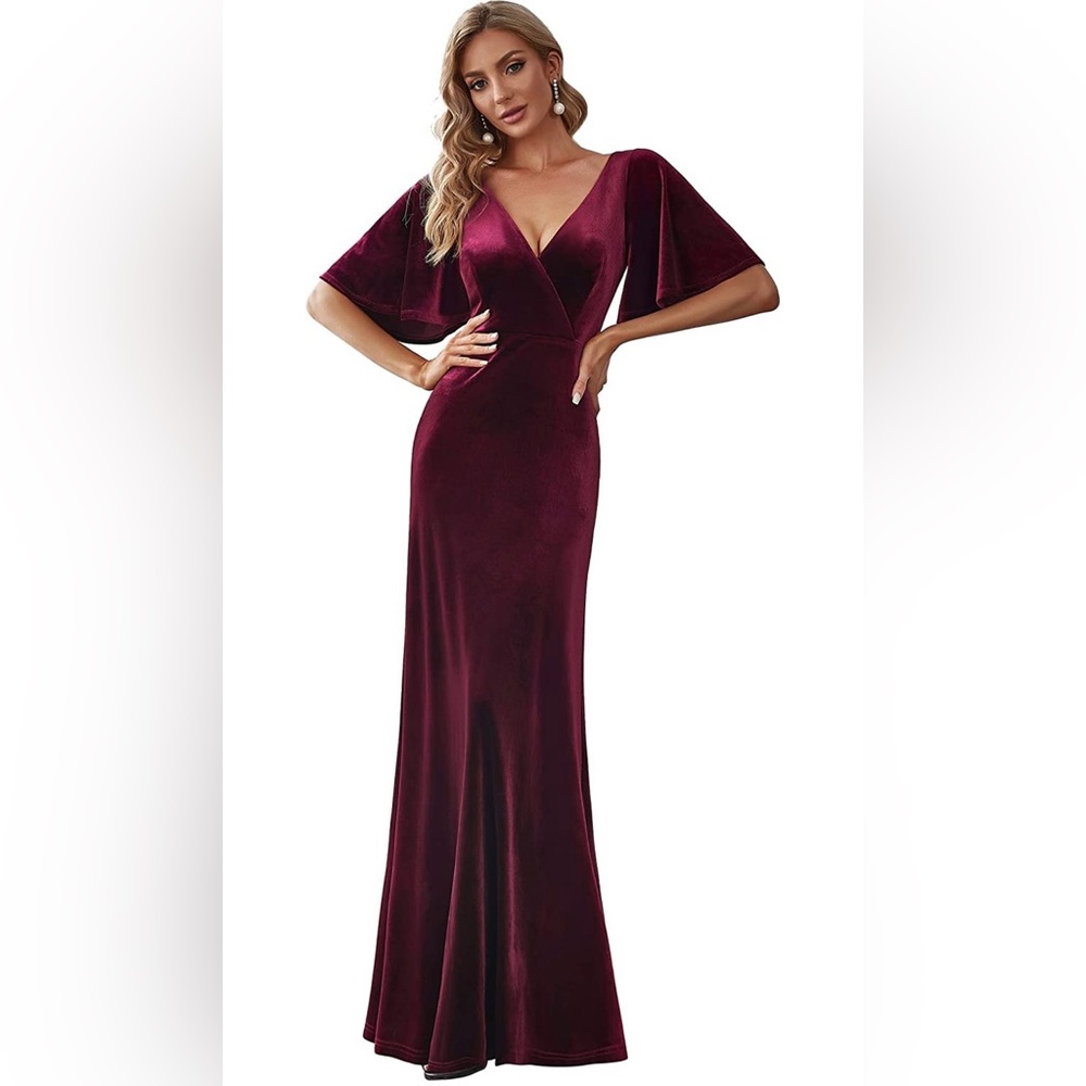 Women’s Velvet Maxi Dress with short sleeves in Burgundy